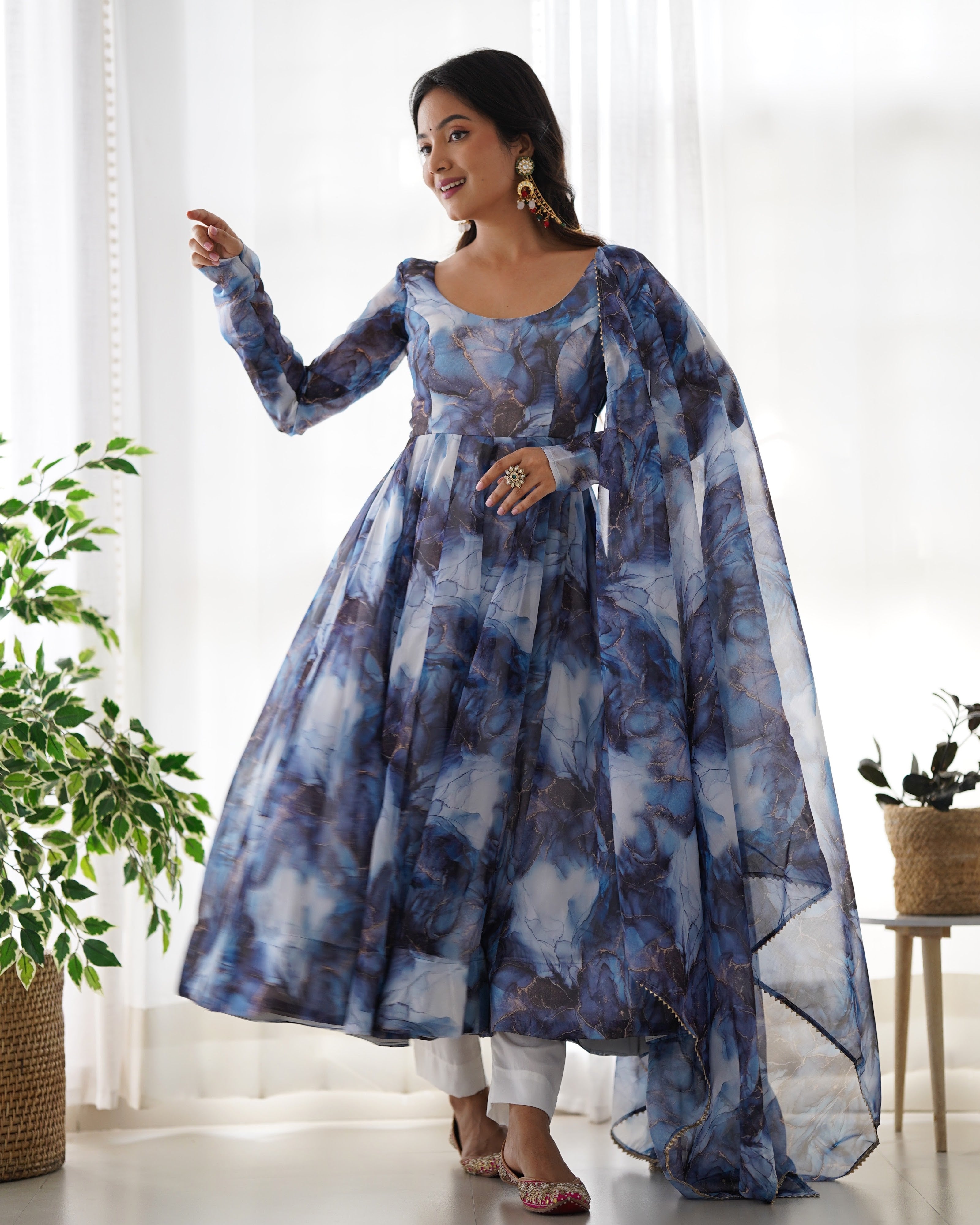 Organza Silk Printed Anarkali Set – Navy Blue