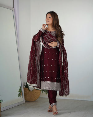 Rangoli Silk Embroidered Straight Kurta Set – Maroon