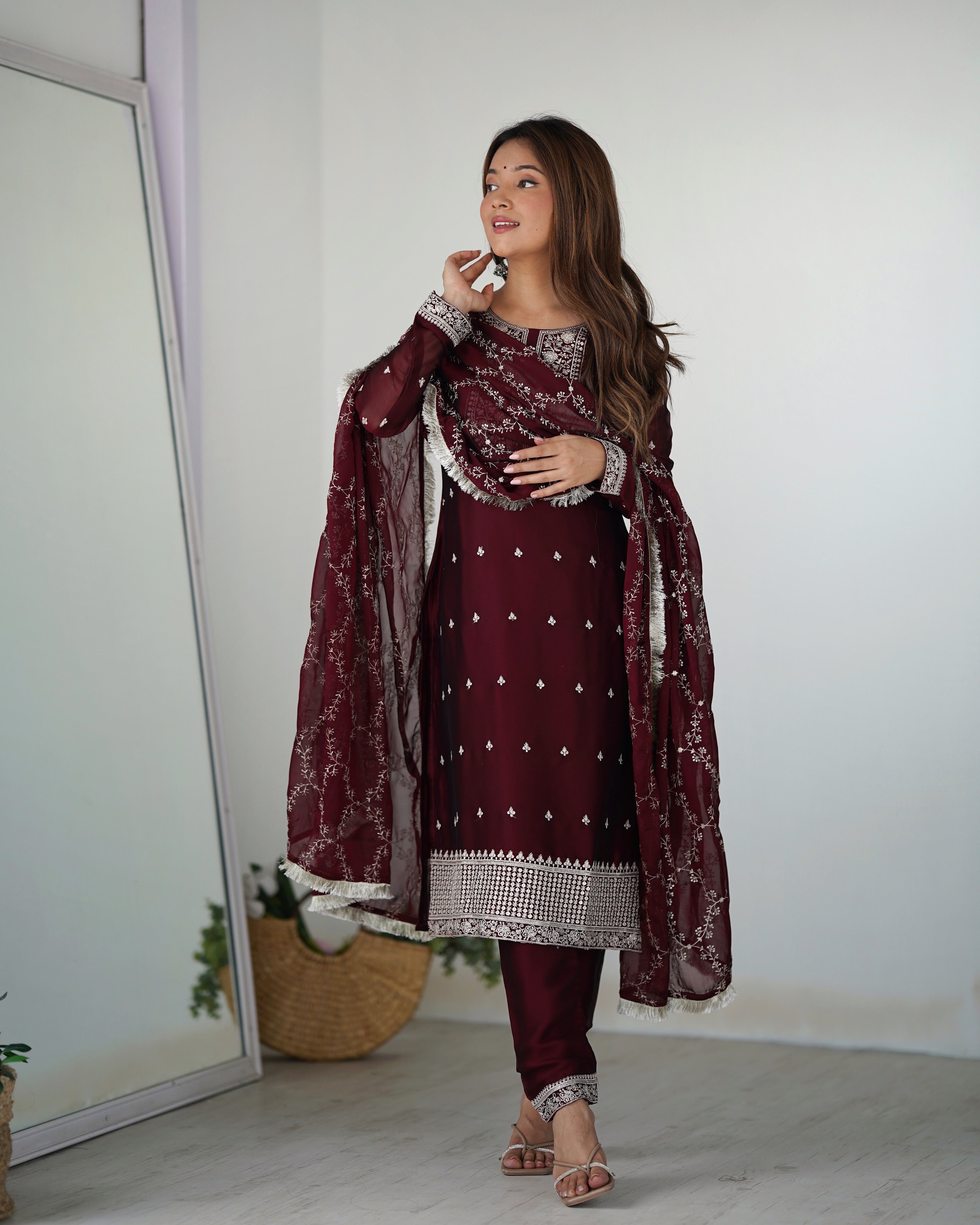 Rangoli Silk Embroidered Straight Kurta Set – Maroon