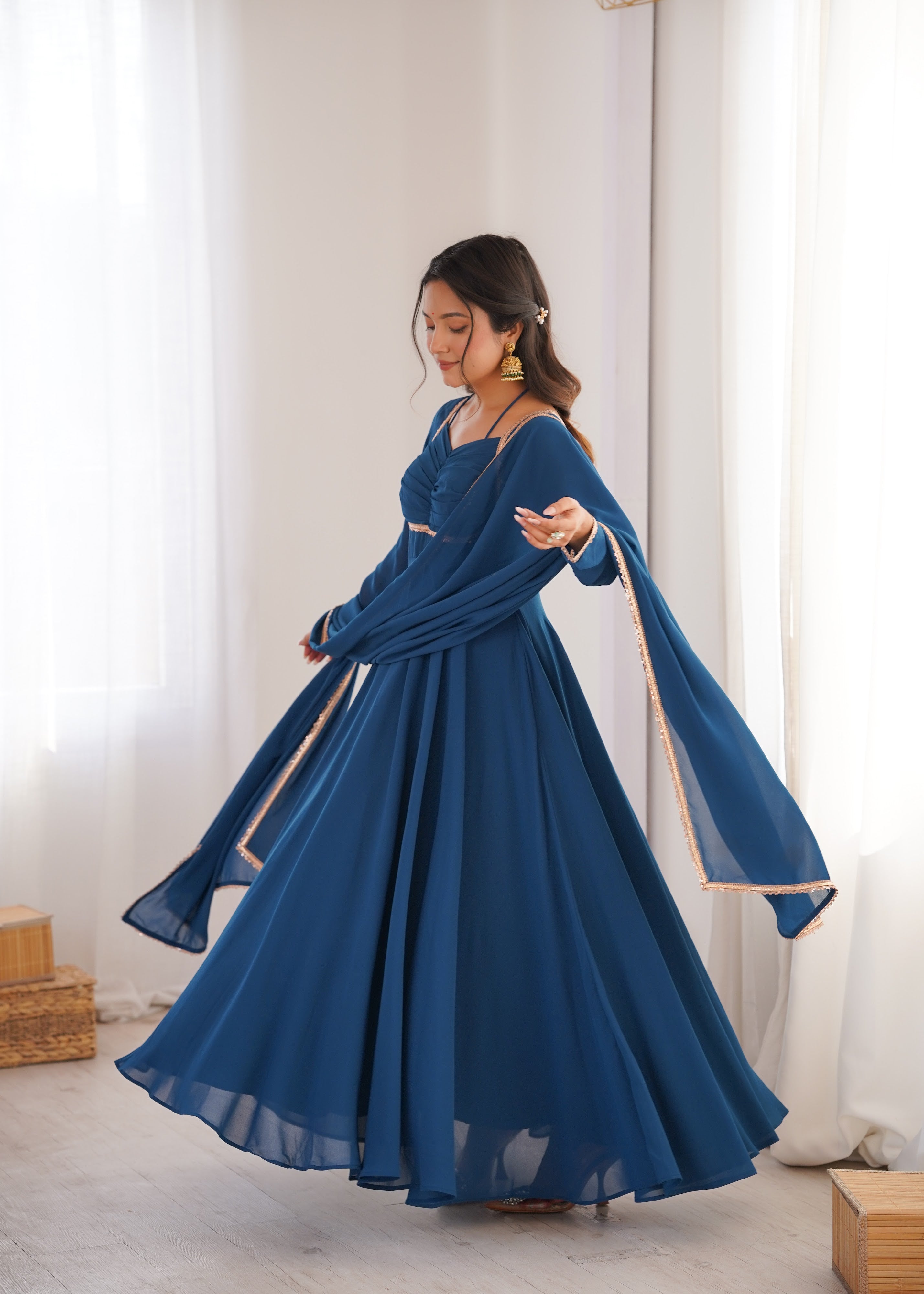 Georgette Embroidered Gown Set – Teal Blue