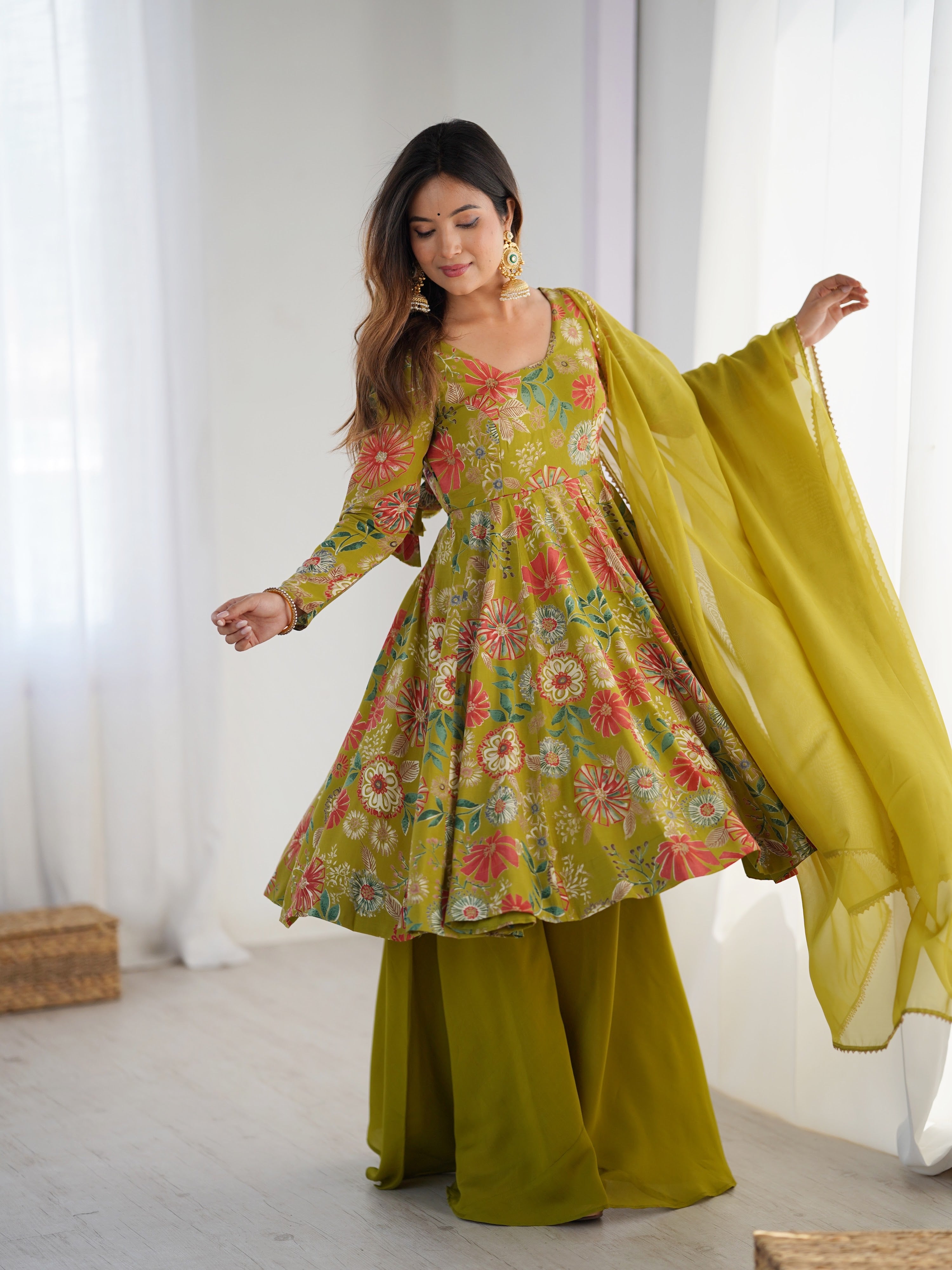 Roman Chanderi Silk Printed Kurta-Palazzo Set – Mehndi Green