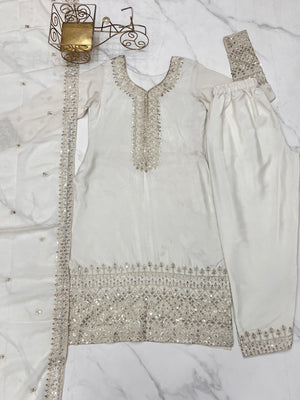 Chinon Silk Embroidered Straight Kurta Set – Ivory