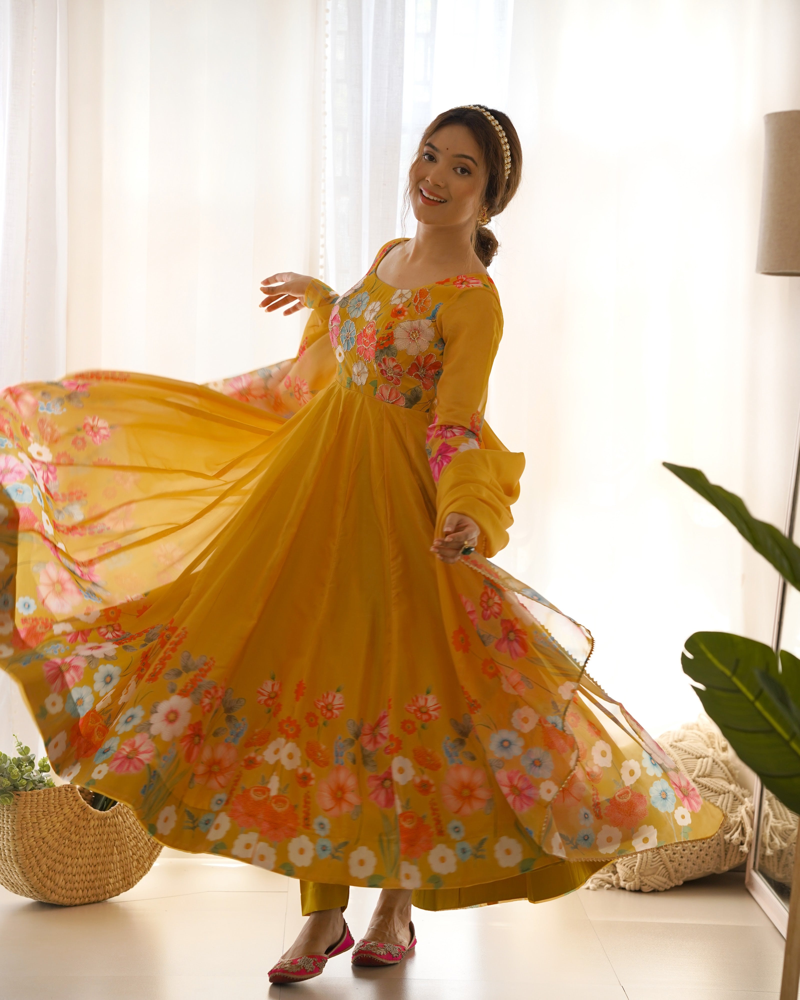 Organza Silk Printed Anarkali Set – Yellow