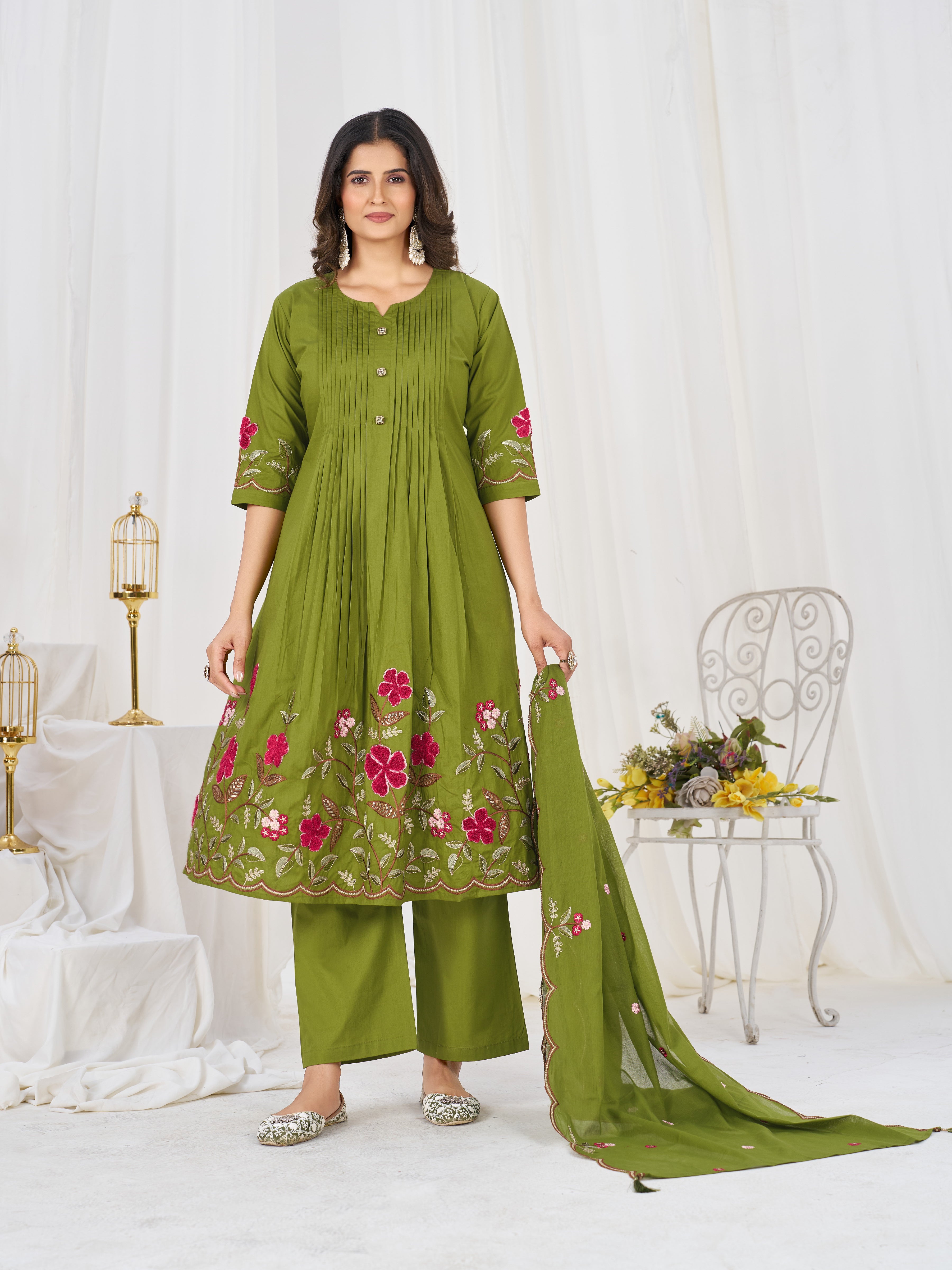 Pure Cotton Embroidered Anarkali Kurti Set – Green