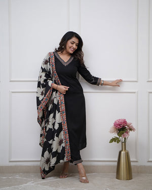 Viscose Silk Embroidered Kurta Pant Dupatta Set – Black