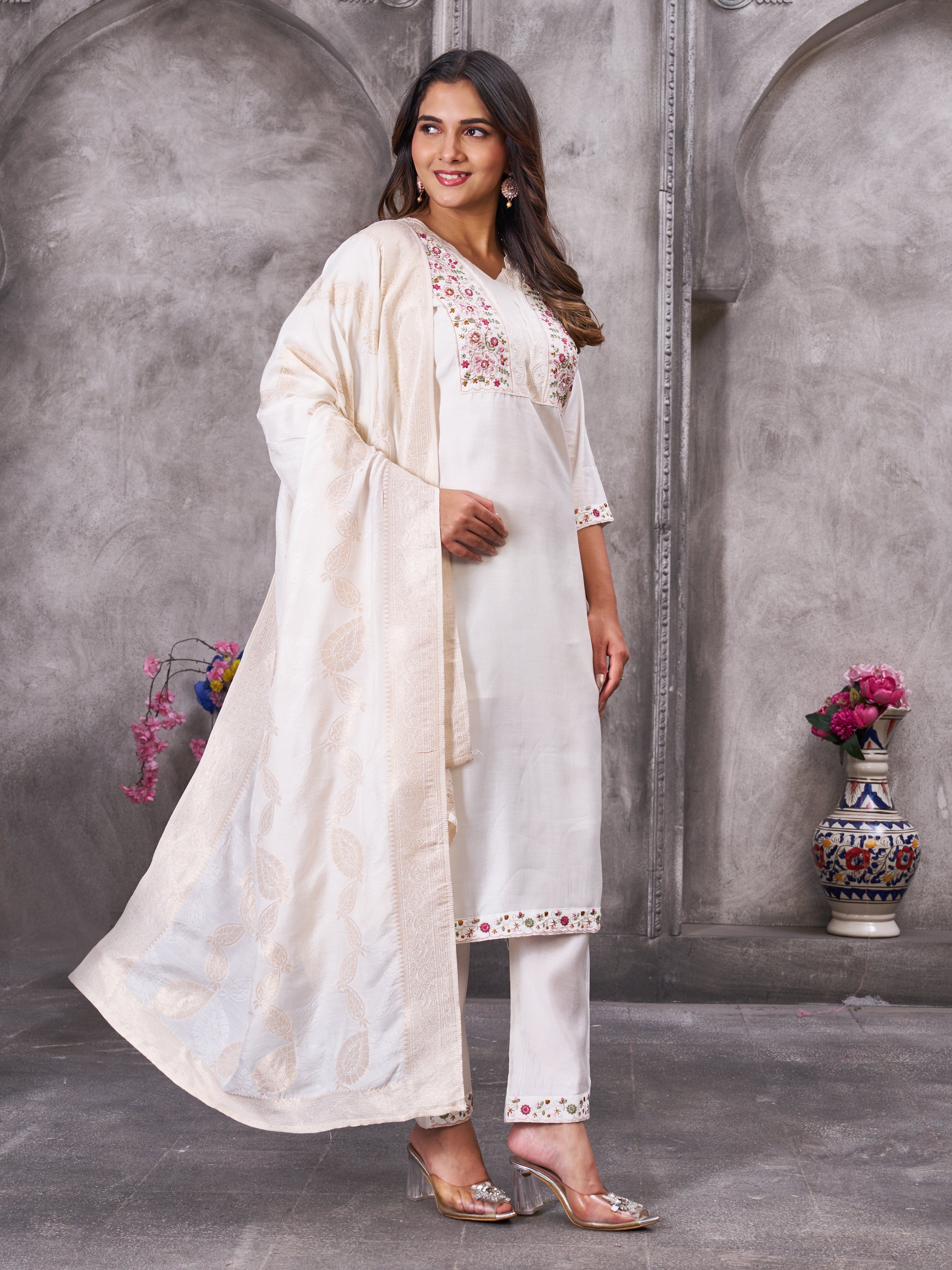 Roman Silk Embroidered Straight Kurti Set – White