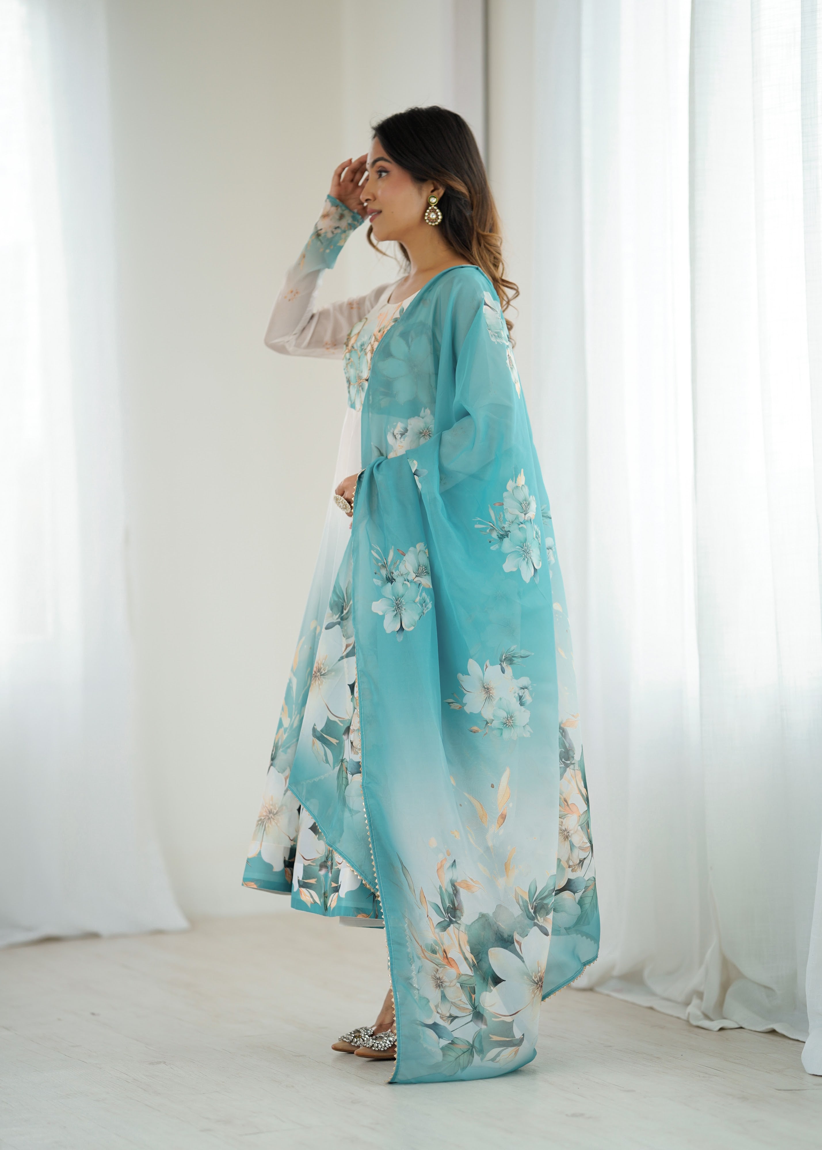 Organza Silk Printed Anarkali Set – Aqua Blue