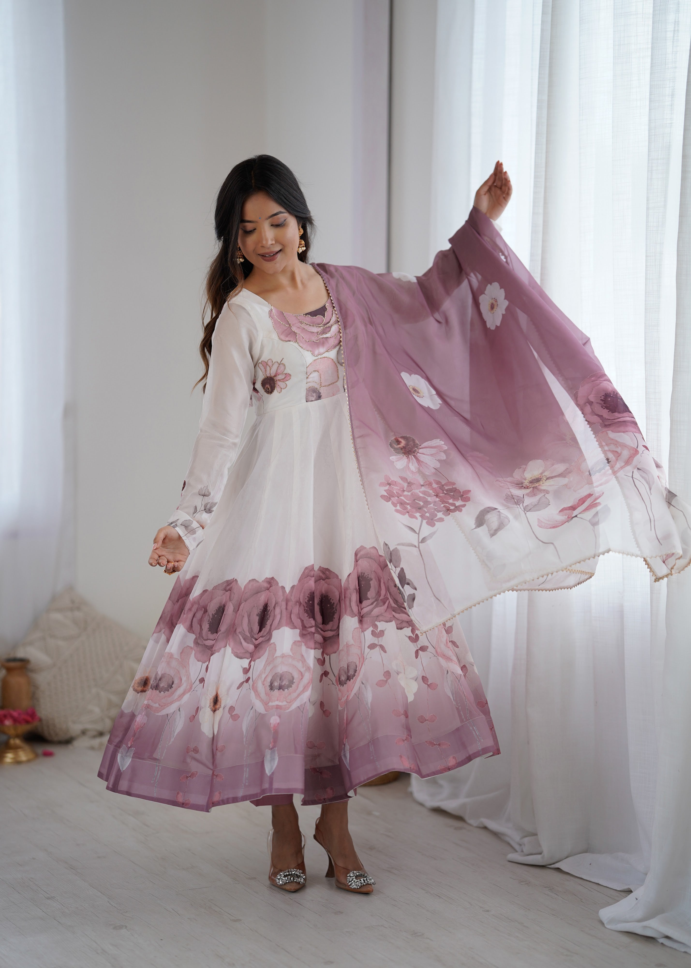 Organza Silk Printed Anarkali Set – Lilac Floral