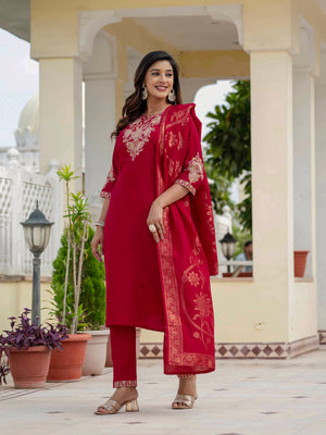 Premium Roman Silk Embroidered Straight Kurti Set – Maroon