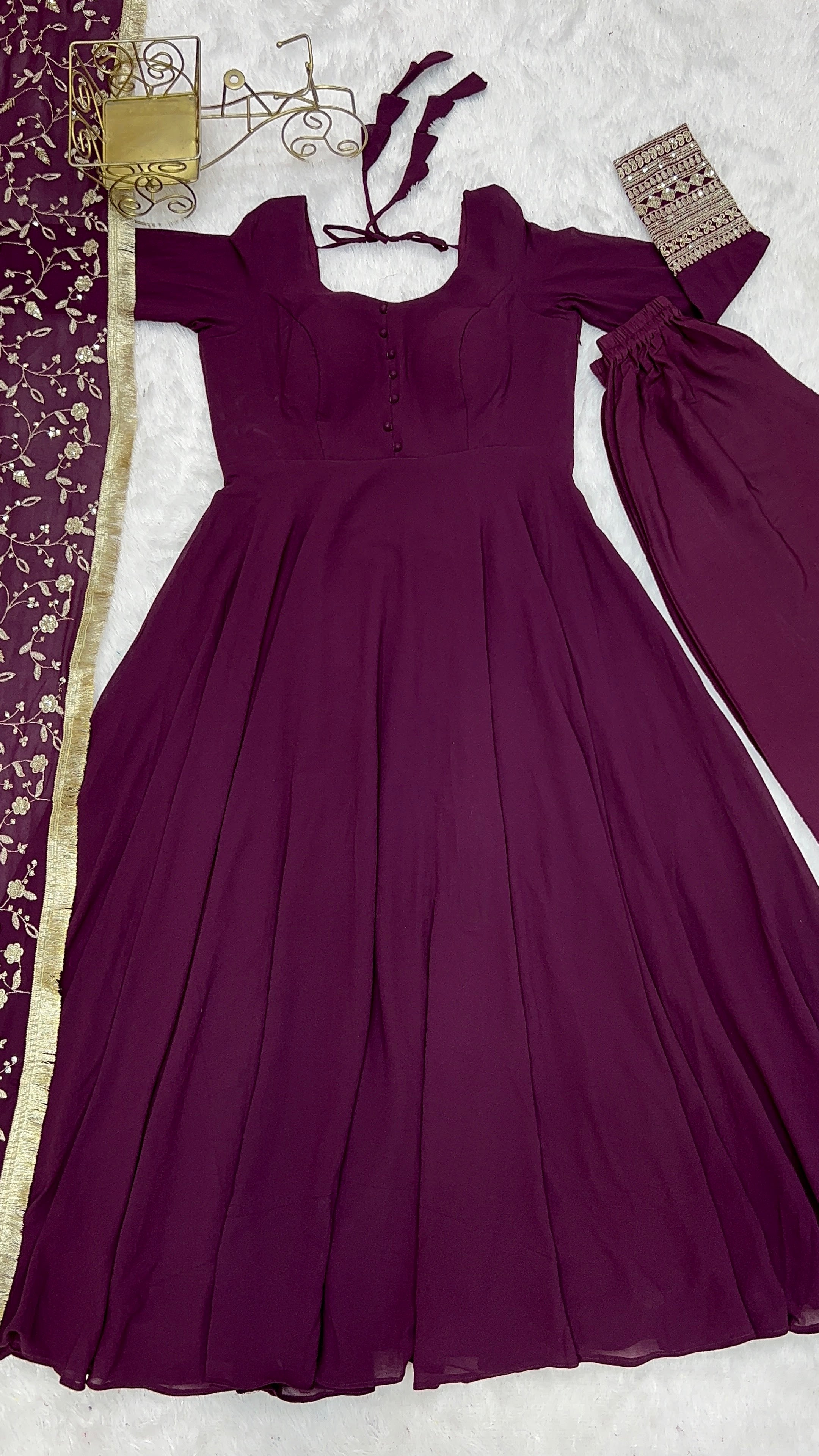 Georgette Embroidered Gown Set – Wine