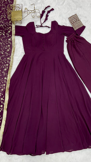 Georgette Embroidered Gown Set – Wine