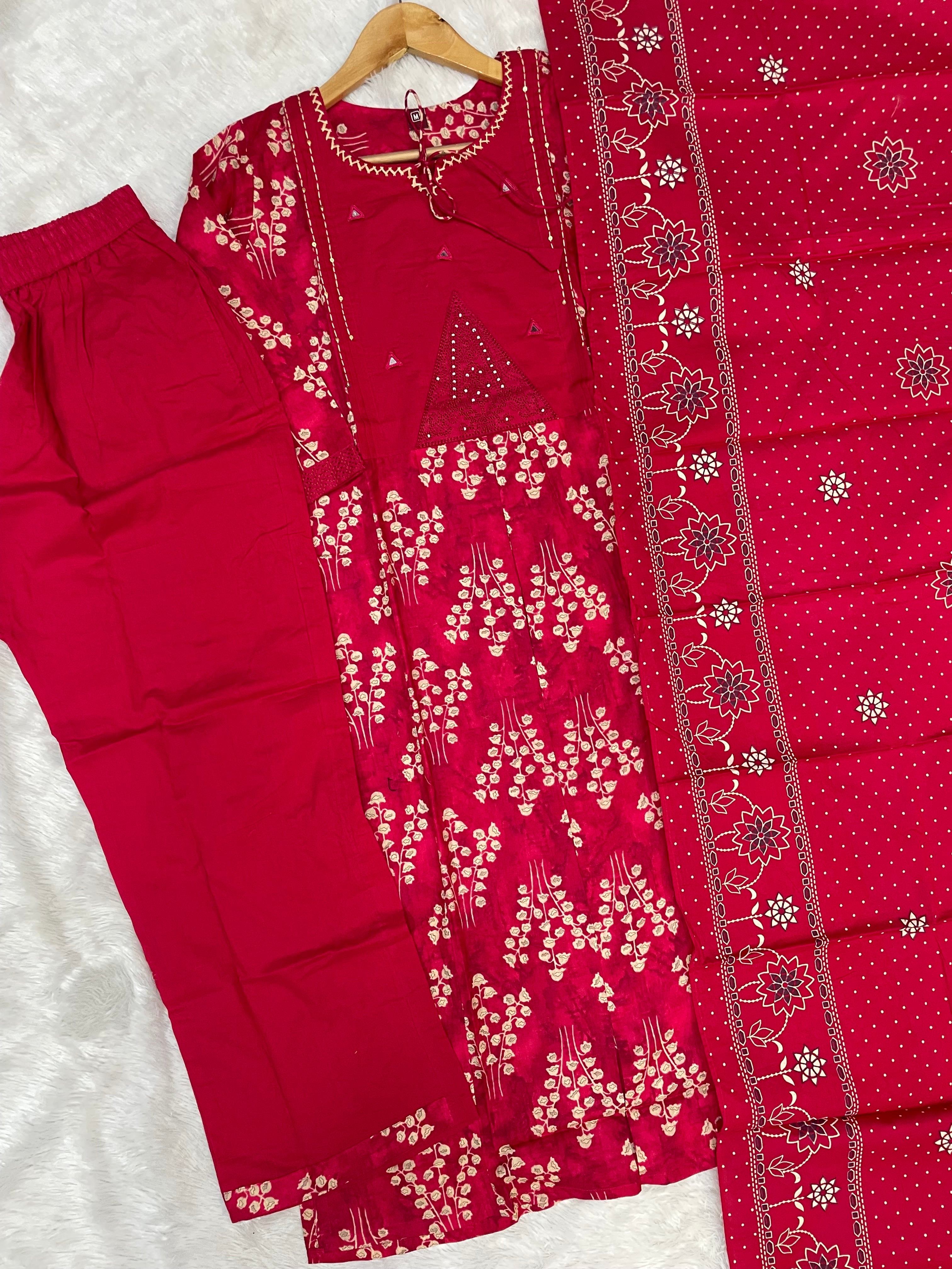 Pure Cotton Embroidered Straight Kurti Set – Red
