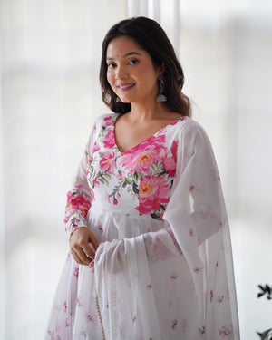 Organza Silk Printed Anarkali Set – Ivory Floral