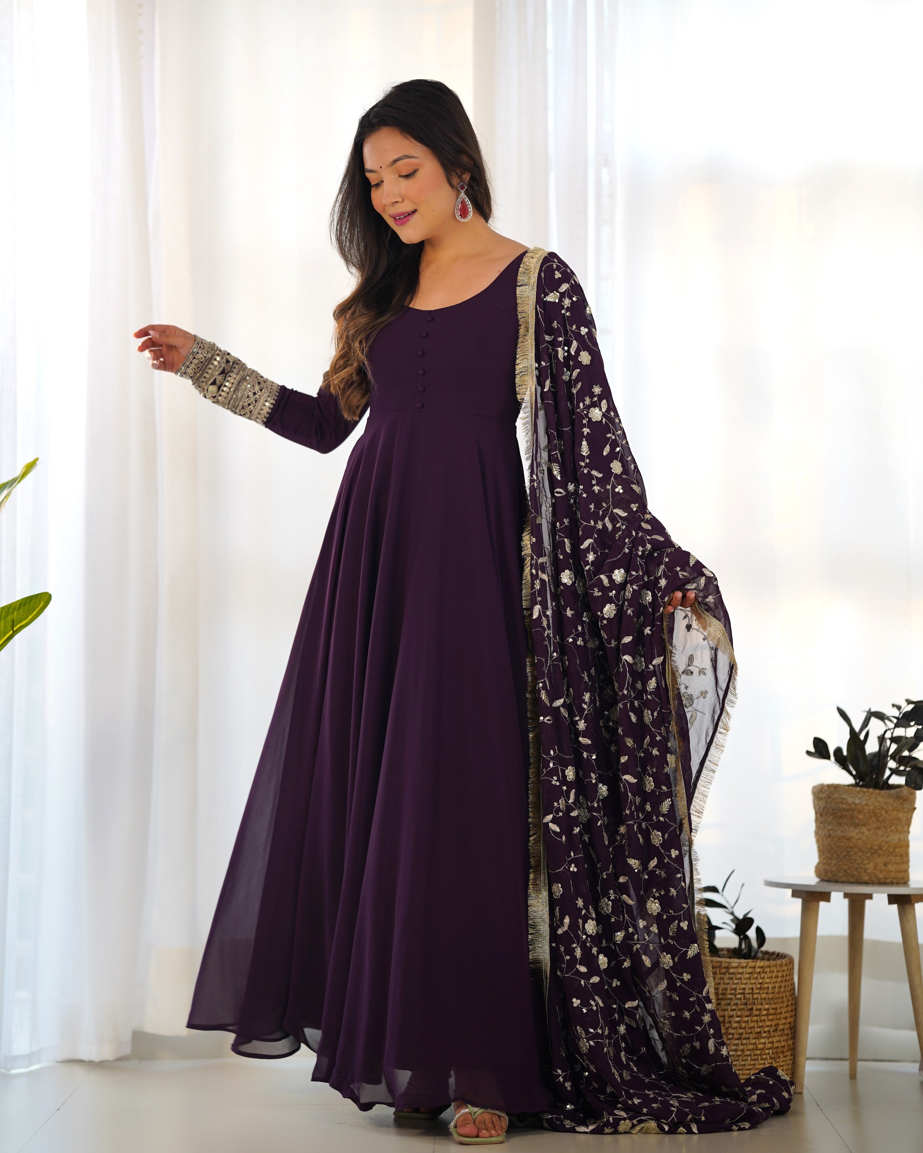 Georgette Embroidered Gown Set – Wine