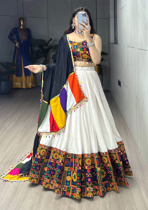 Navratri White Gamthi Mirror Work Lehenga Set