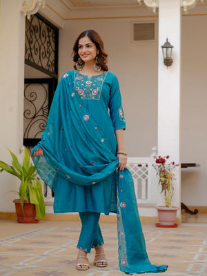 Pure Viscose Mango Silk Embroidered Straight Kurti Set – Firozi