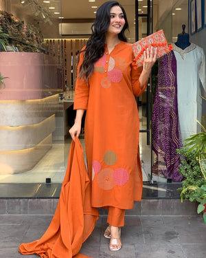 Rayon Slub Embroidered Kurta Pant Dupatta Set – Orange