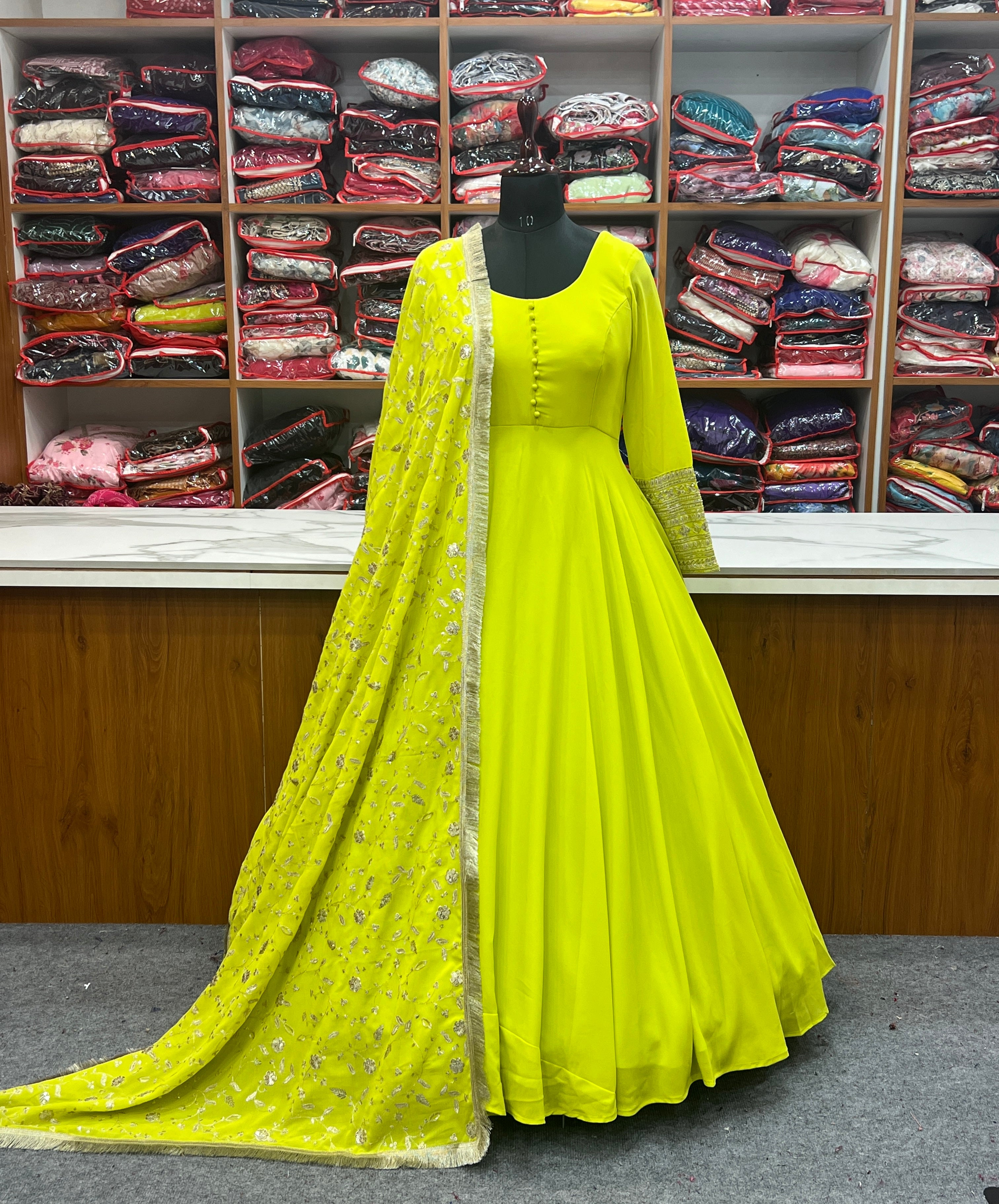 Georgette Embroidered Gown Set – Lemon Green