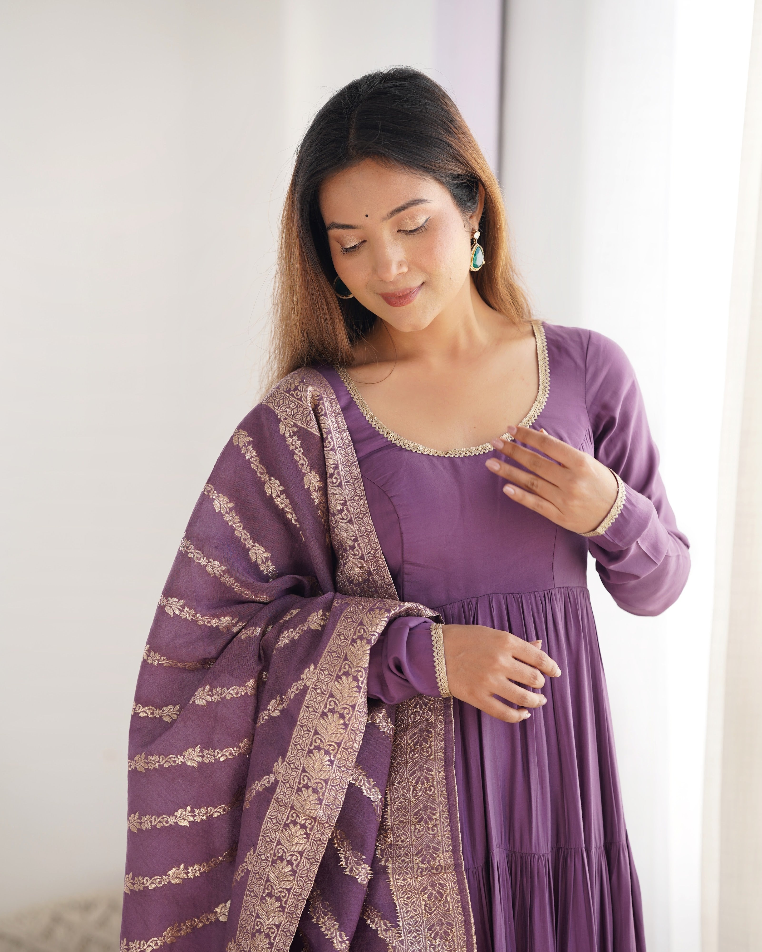 Roman Chanderi Silk Embroidered Anarkali Set – Purple