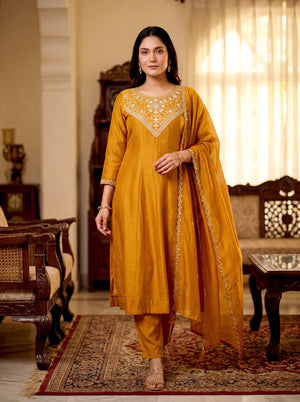 Vichitra Silk Embroidered Kurta Pant Dupatta Set – Gold