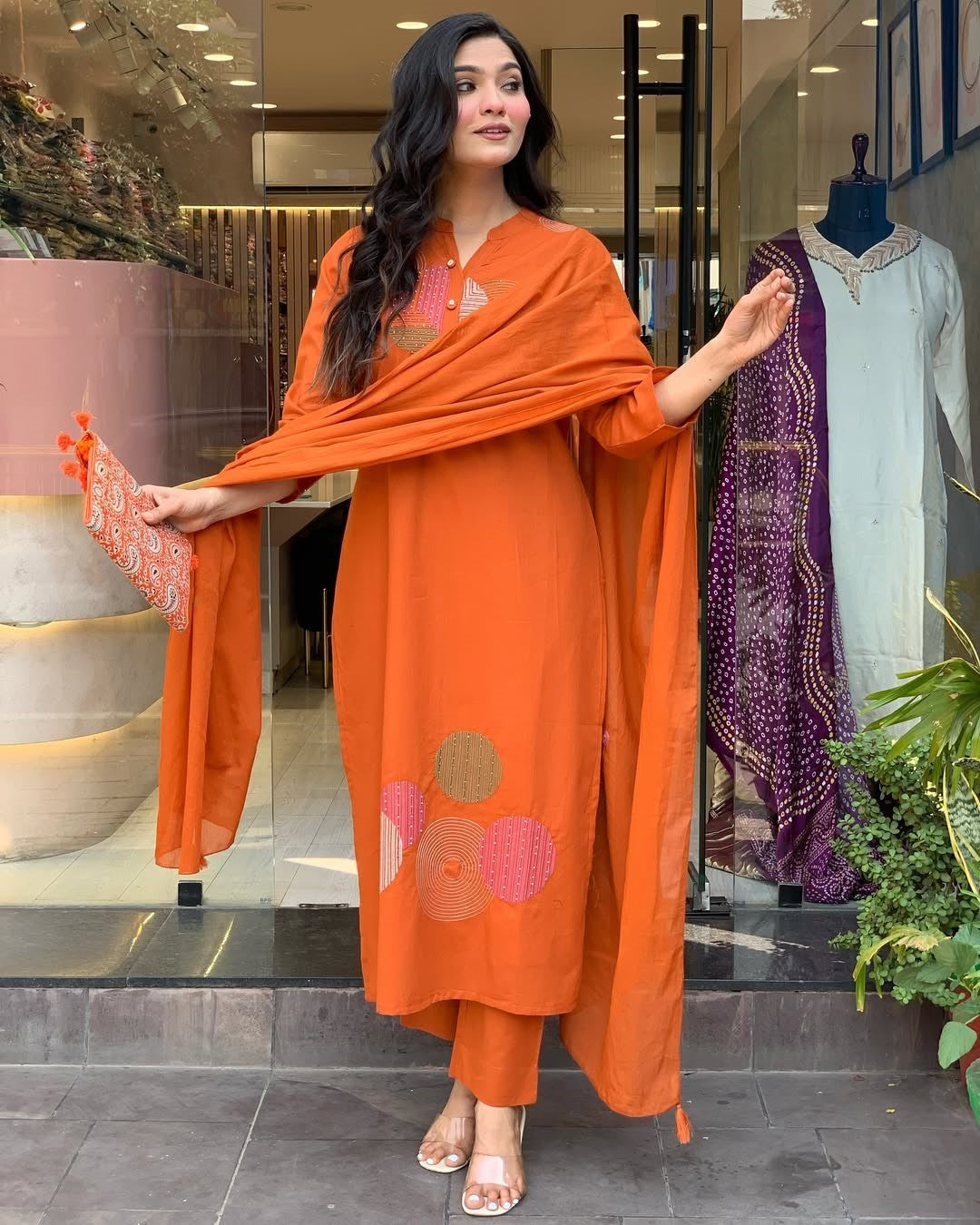 Rayon Slub Embroidered Kurta Pant Dupatta Set – Orange