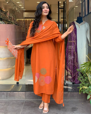 Rayon Slub Embroidered Kurta Pant Dupatta Set – Orange