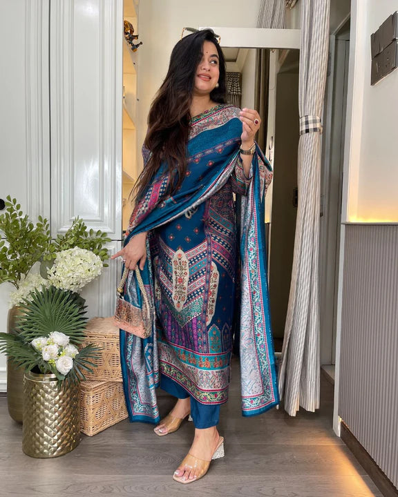 Rayon Printed Kurta Pant Dupatta Set – Navy Blue