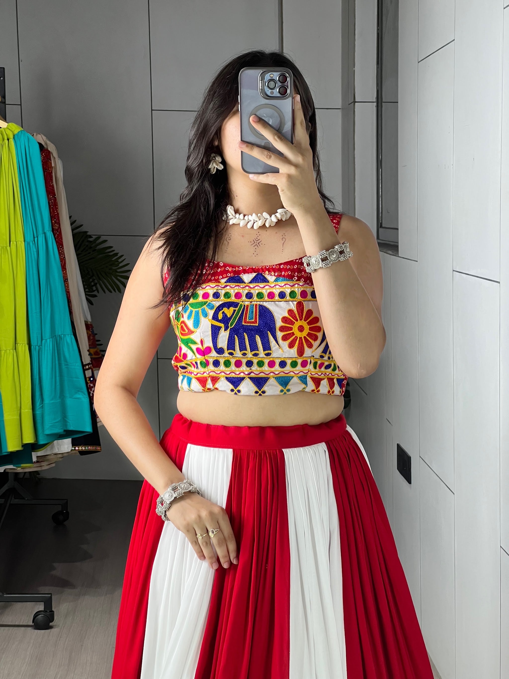 Navratri Red White Laal Leher Lehenga Set