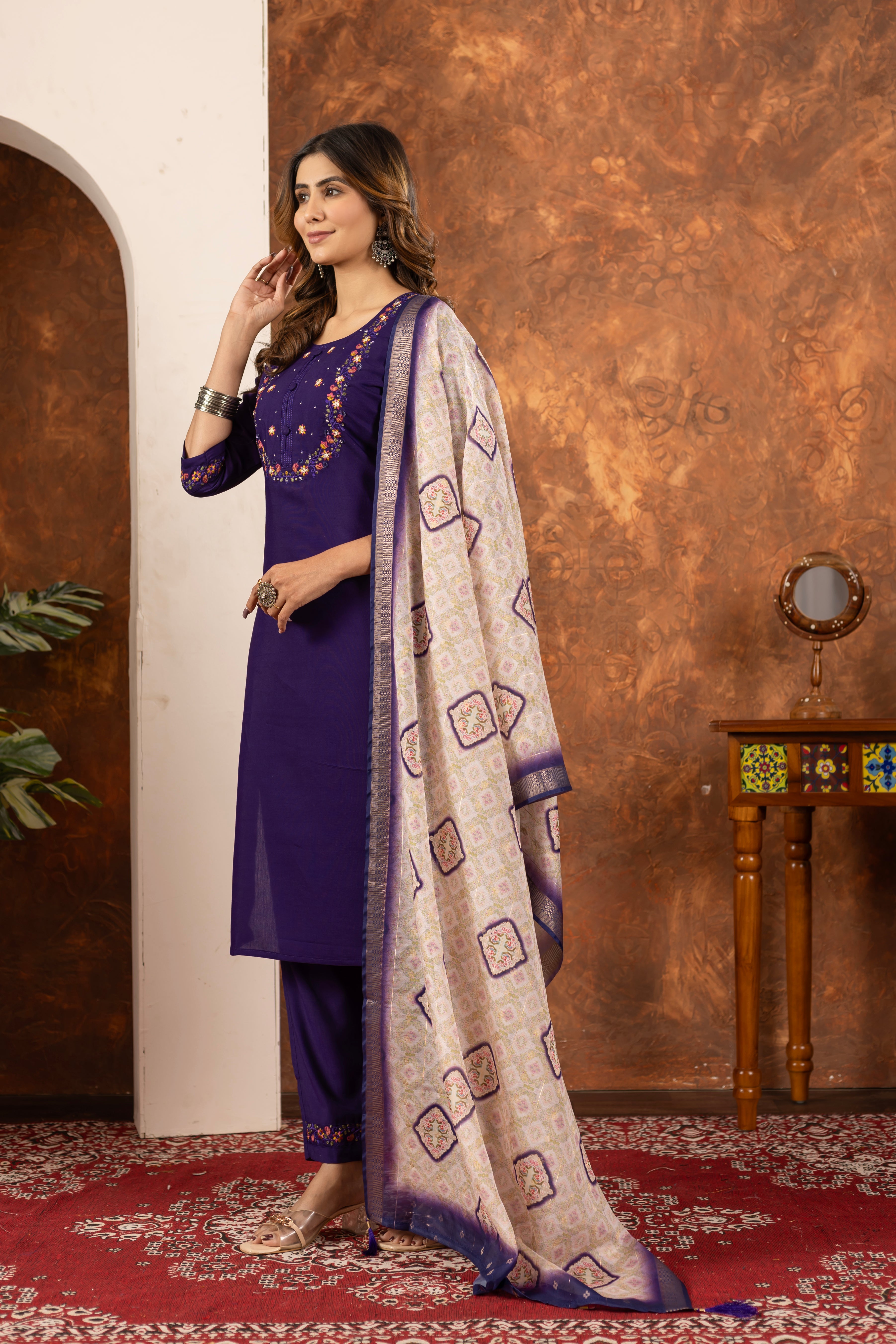 Marina Silk Embroidered Straight Kurti Set – Purple