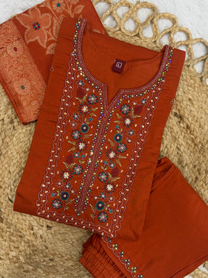 Pure Viscose Mango Silk Embroidered Straight Kurti Set – Rust