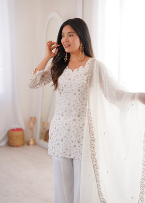 Crunchy Silk Embroidered Bell Bottom Set – Off White