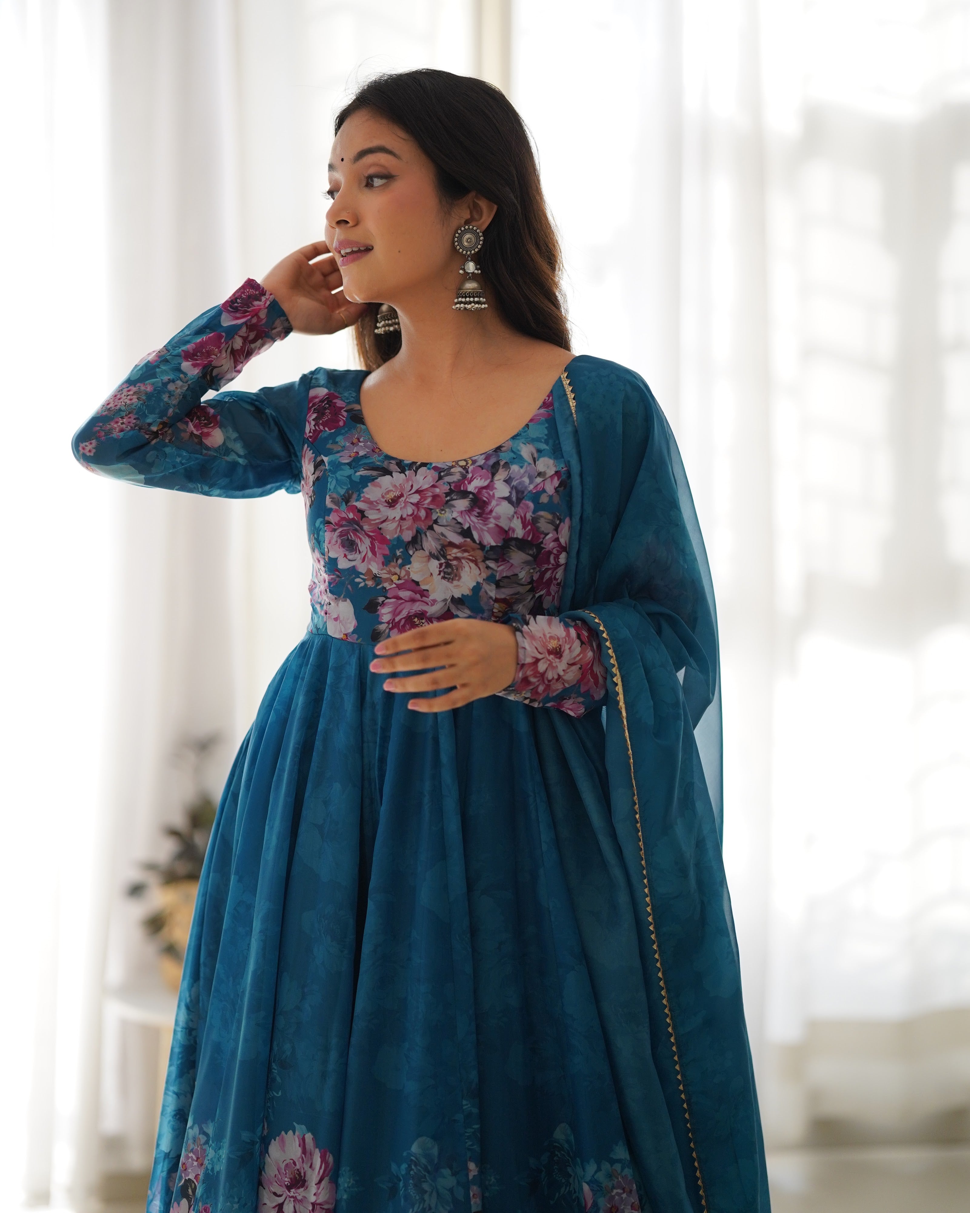 Organza Silk Printed Anarkali Set – Blue