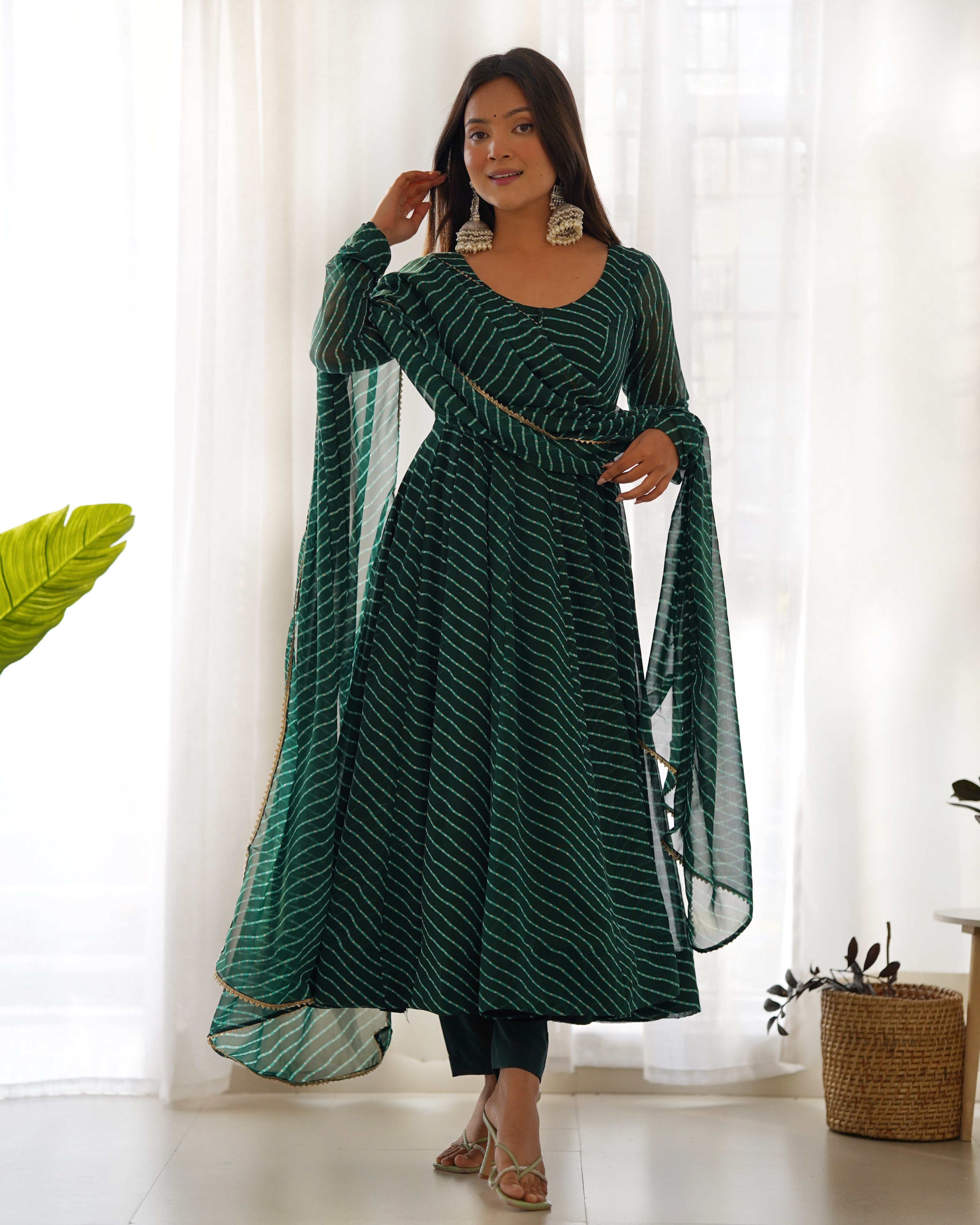 Georgette Printed Anarkali Set – Bottle Green
