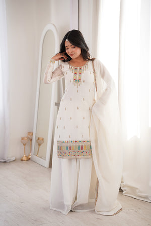 Crunchy Silk Embroidered Kurta-Sharara Set – White