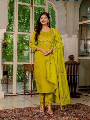 Marina Silk Embroidered Straight Kurti Set – Mustard Yellow