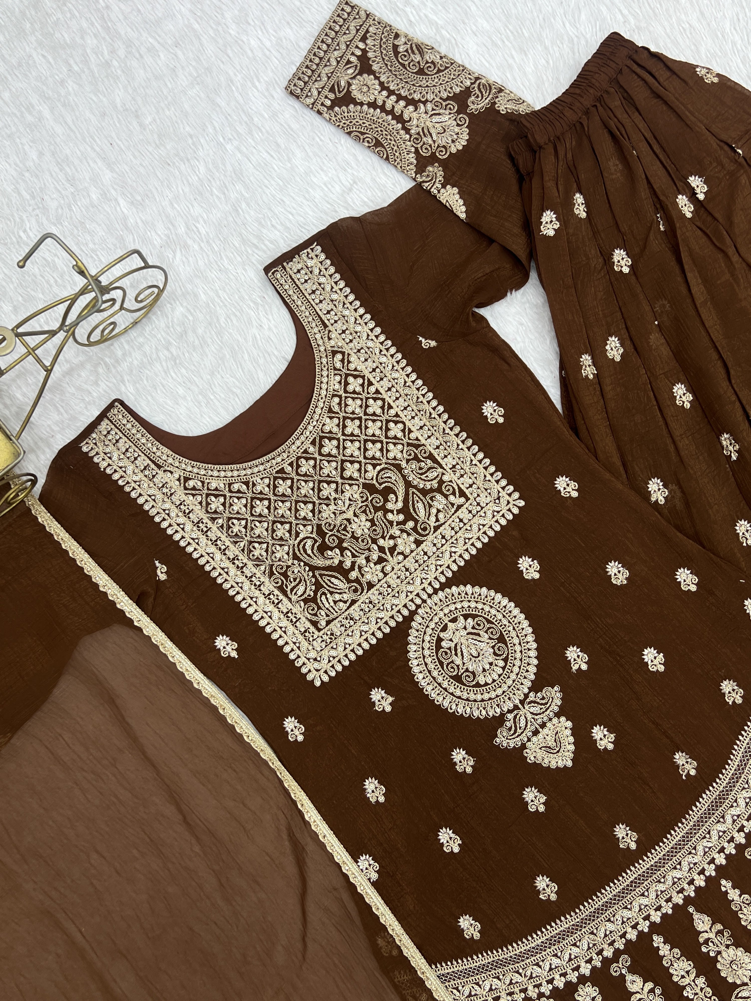 Crunchy Silk Embroidered Sharara Set – Coffee Brown