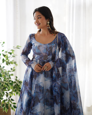 Organza Silk Printed Anarkali Set – Navy Blue