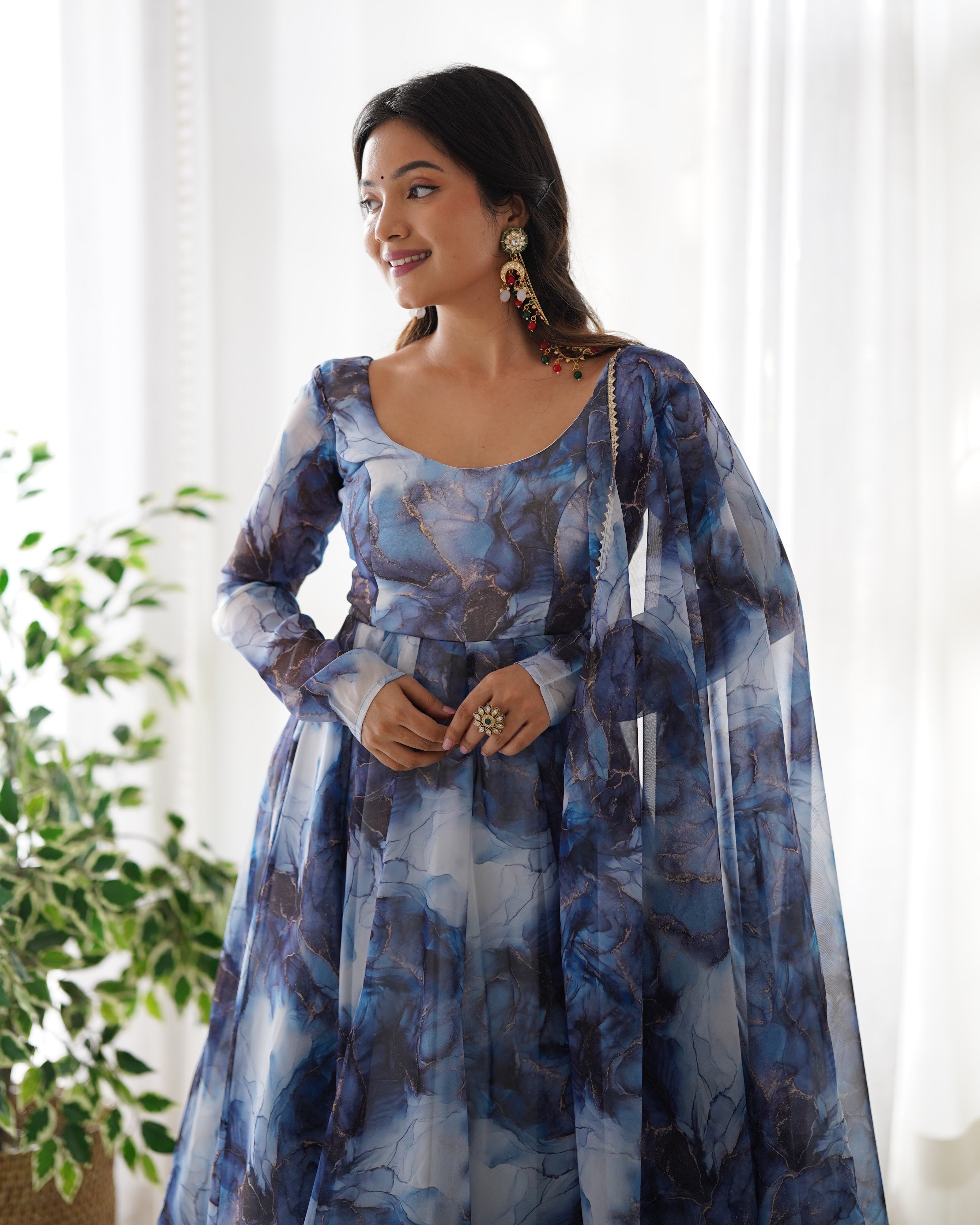 Organza Silk Printed Anarkali Set – Navy Blue