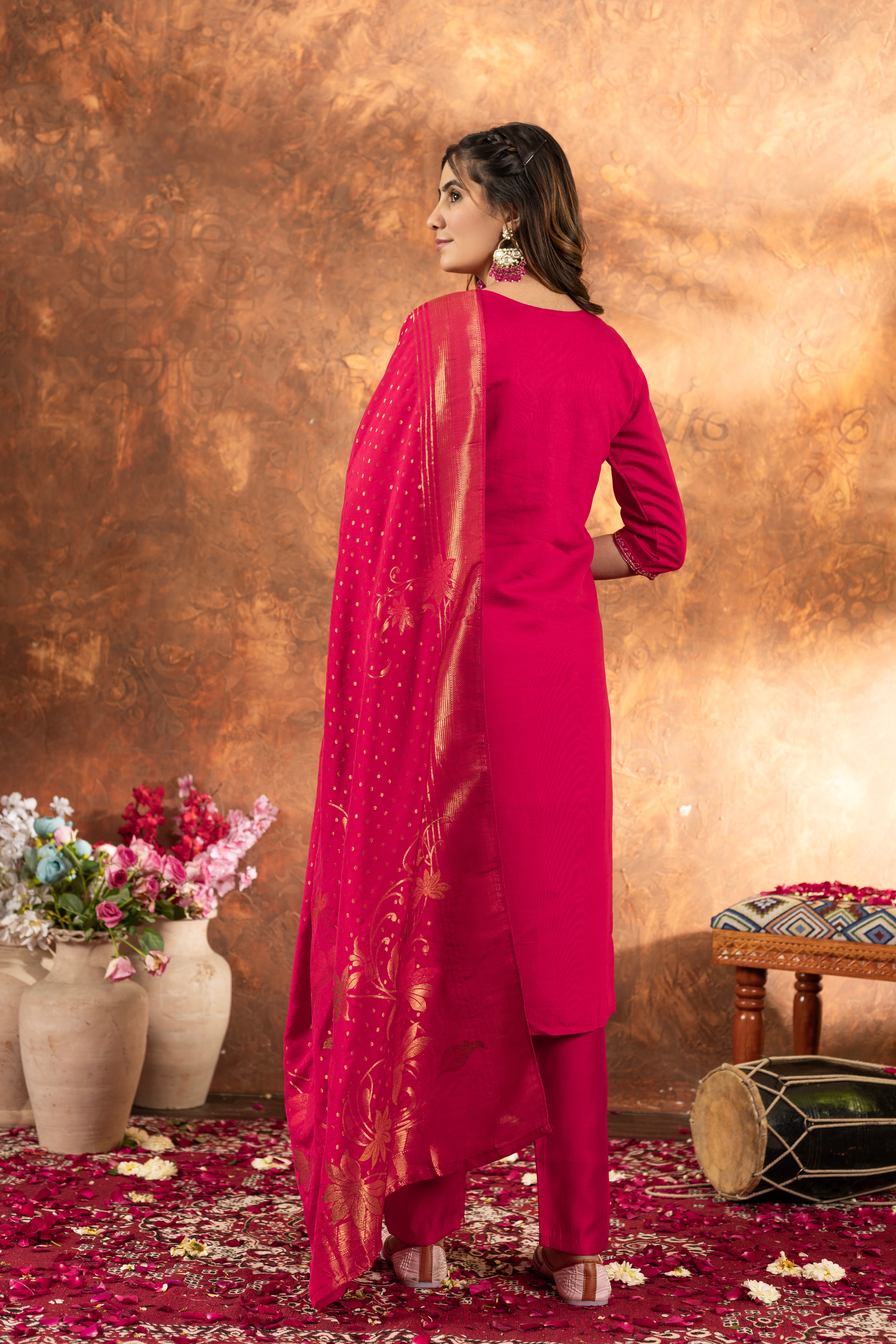 Marina Silk Embroidered Straight Kurti Set – Pink