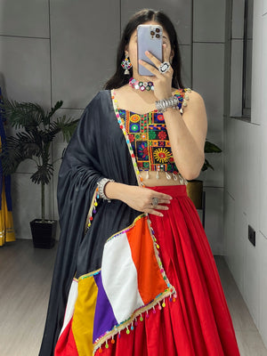 Navratri Red Gamthi Mirror Work Lehenga Set