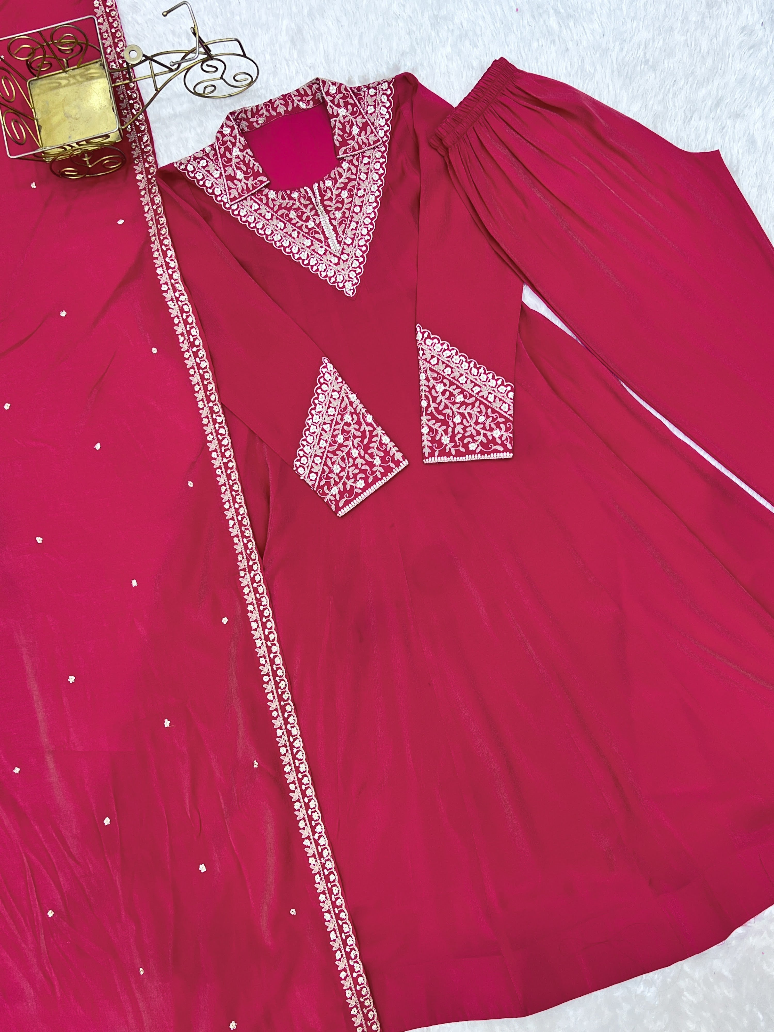 Roman Shimmer Silk Embroidered Anarkali Set – Rani Pink