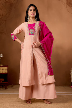 Roman Silk Embroidered Anarkali Kurti Set – Peach