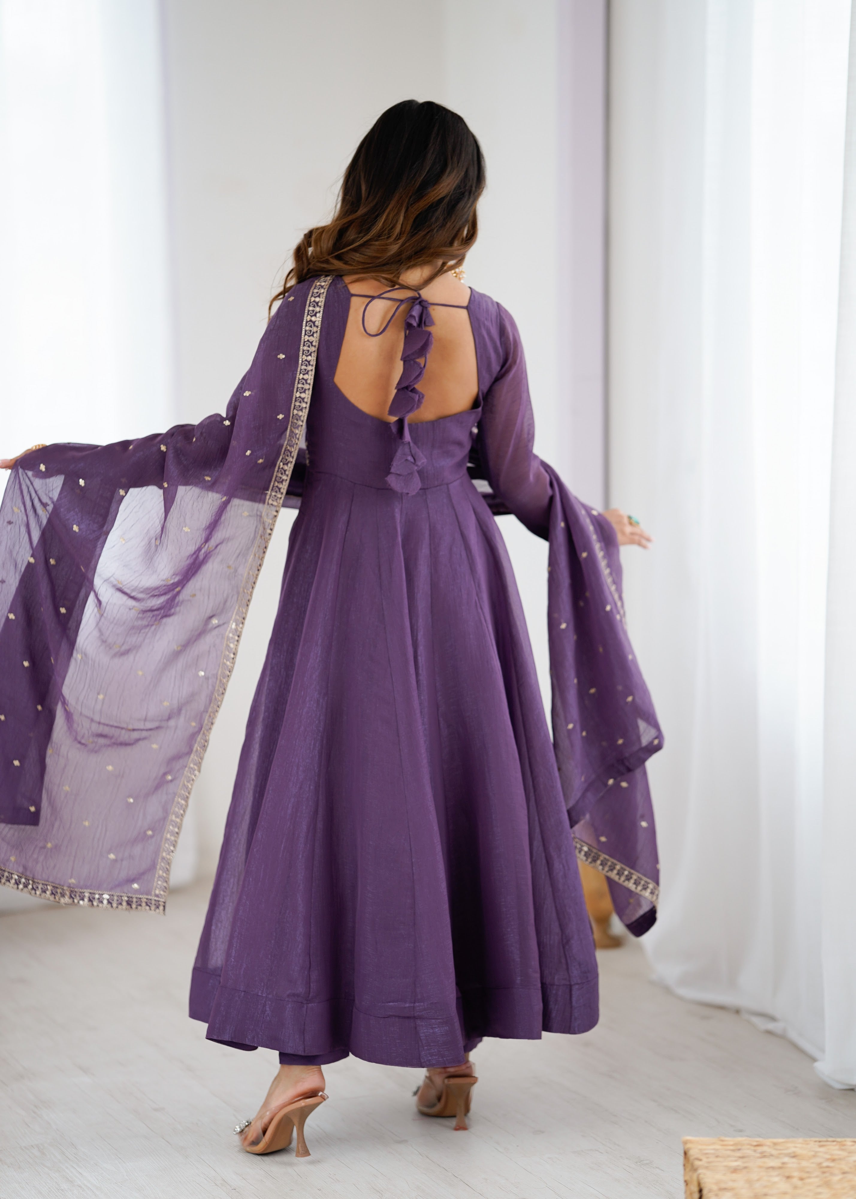 Crunchy Silk Embroidered Gown Set – Purple