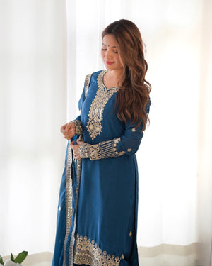 Chinon Silk Embroidered Straight Kurta Set – Navy Blue