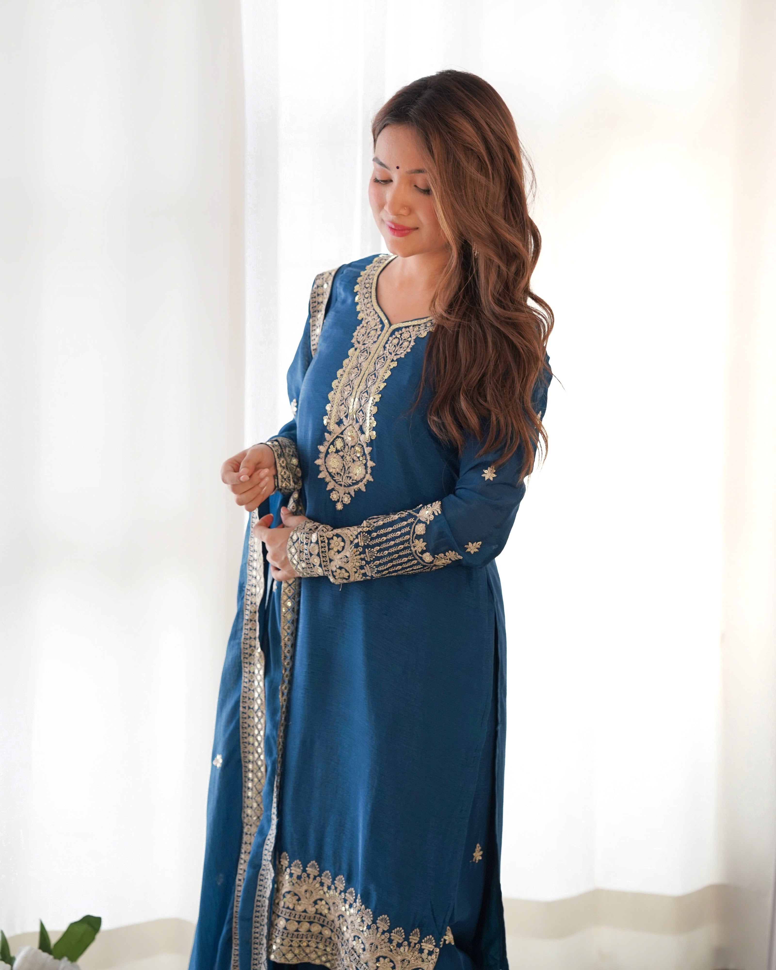 Chinon Silk Embroidered Straight Kurta Set – Navy Blue