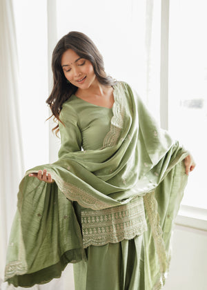 Glass Roman Silk Embroidered Farshi Salwar Set – Sage Green