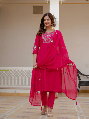 Pure Viscose Mango Silk Embroidered Straight Kurti Set – Pink