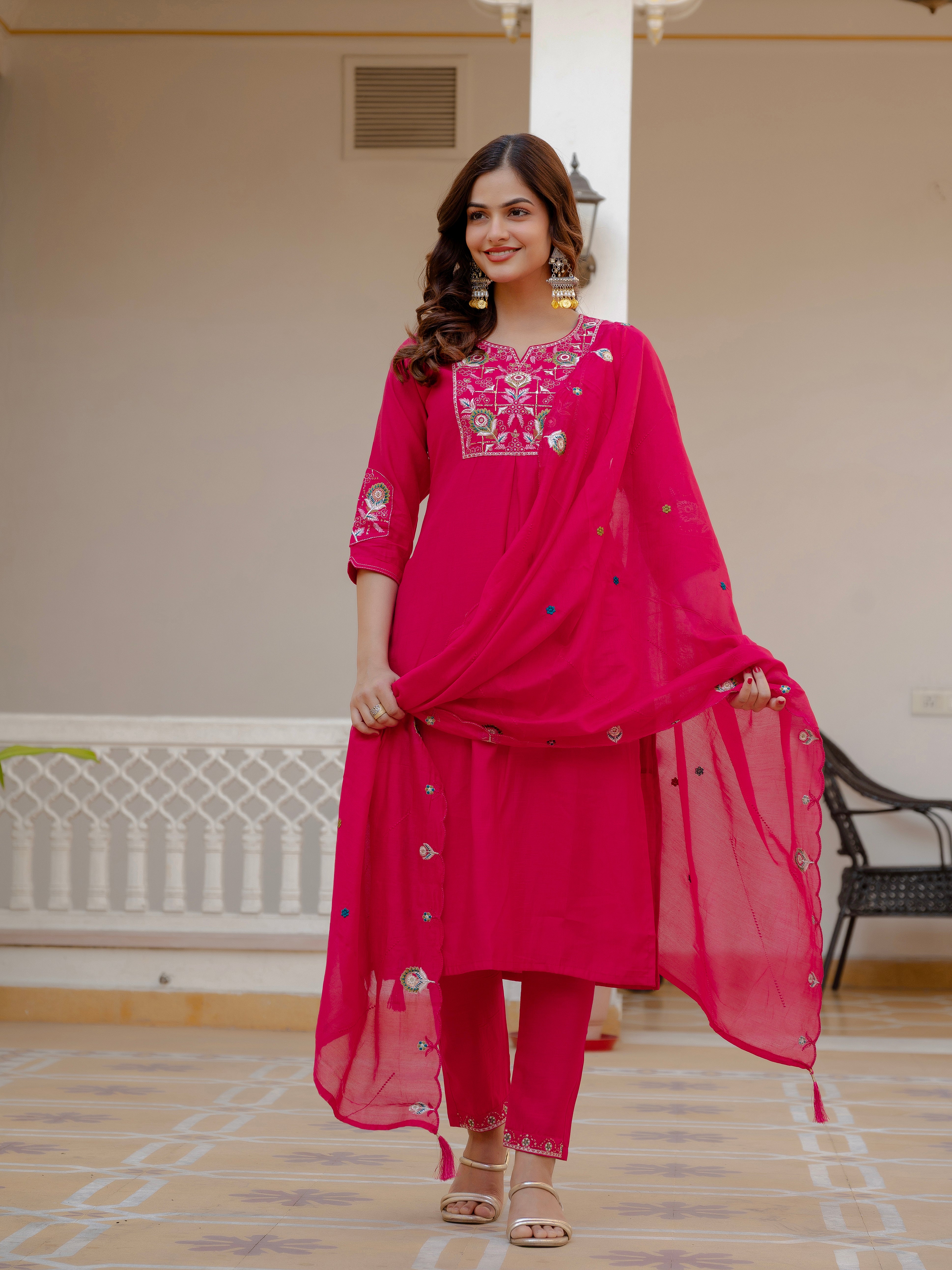 Pure Viscose Mango Silk Embroidered Straight Kurti Set – Pink