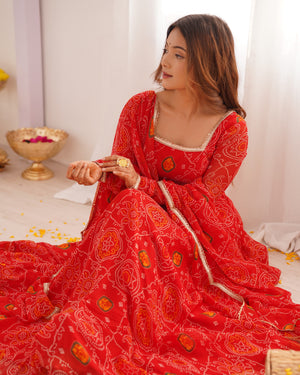 Soft Lightweight Chiffon Bandhej Fabric Inner Micro Cotton Embroidered Anarkali Set – Orange