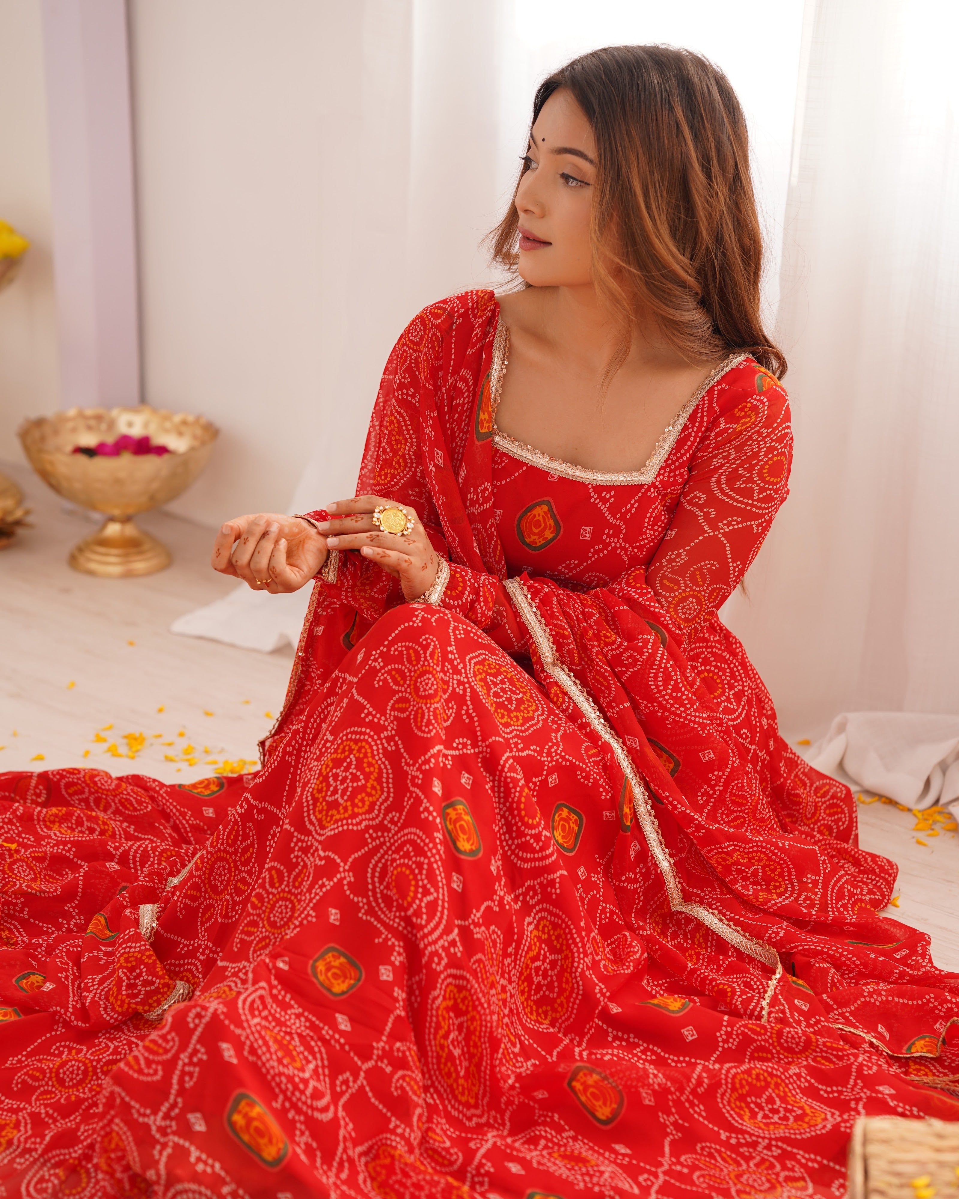Soft Lightweight Chiffon Bandhej Fabric Inner Micro Cotton Embroidered Anarkali Set – Orange